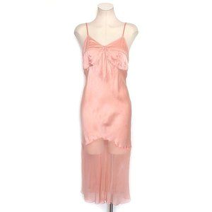 Vintage 90s Peach Shiny Silk Satin Bias Cut Midi Slip Cami Dress